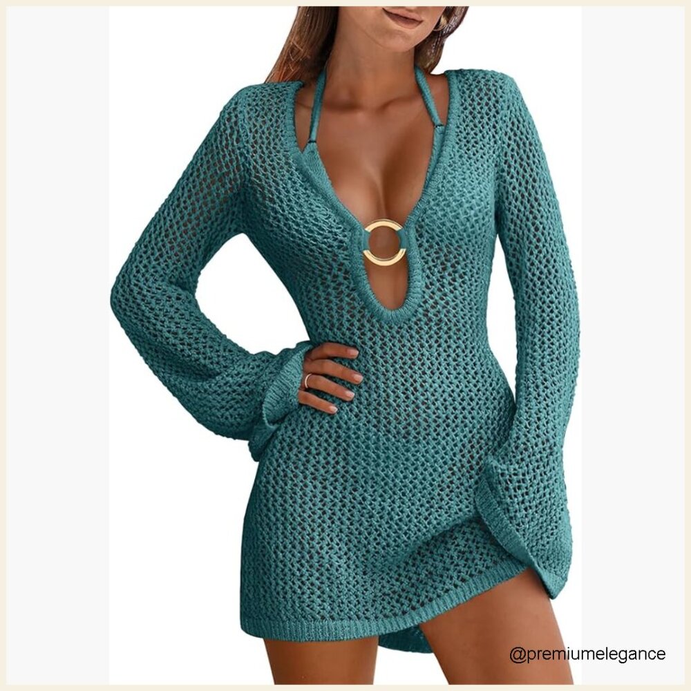Acrylic Crochet Cover Up Mini Dress Beach Swimsuit Hollow Out Mesh